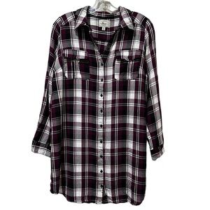 Bass Medium Purple White Plaid Long Sleeve Button Down Flannel Tunic Top P